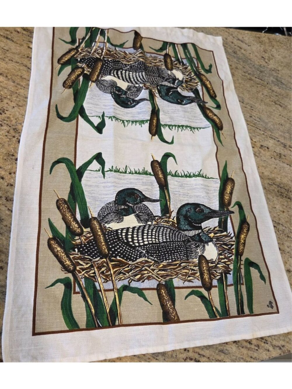Vtg Stevens Tea Towel 16x25"  Loons & Cattails Lake Cottage Cabincore